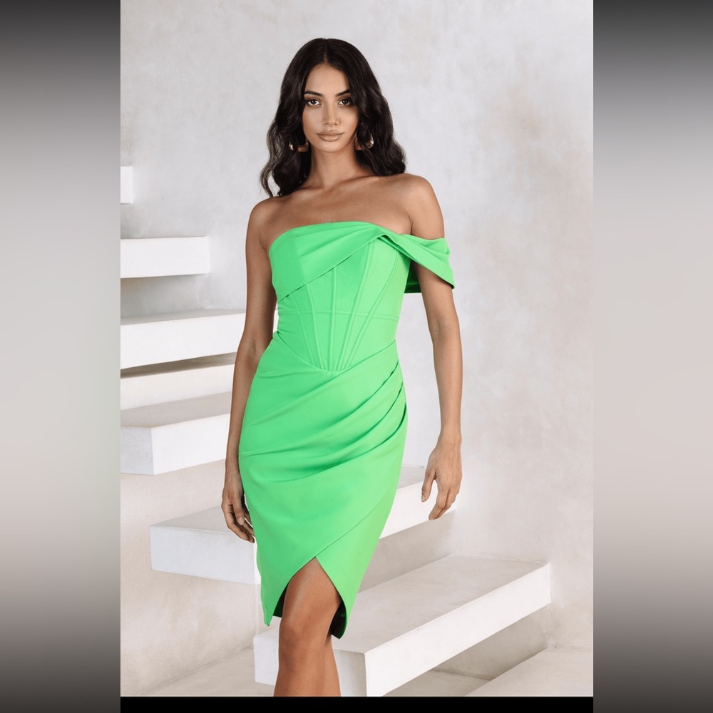 Lavish Alice off shoulder drape wrap midi dress in green